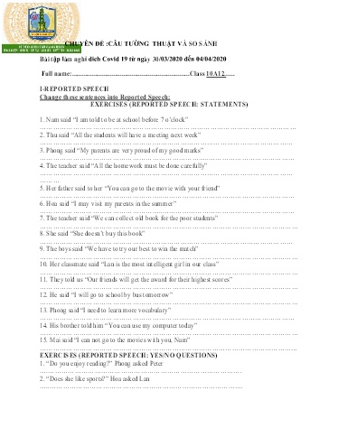 Bài tập ôn tập Tiếng Anh 10 - Chuyên đề: Câu tường thuật và so sánh