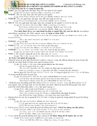 Bài tập ôn tập Tiếng Anh 10 - Chuyên đề: Mệnh đề quan hệ (relative clauses) & Mệnh đề quan hệ rút gọn (reduced forms of relative clauses)
