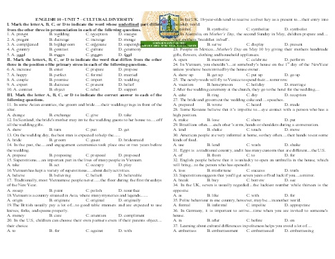 Bài tập ôn tập Tiếng Anh 10 - Unit 7: Cultural diversity