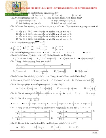 Bài tập ôn tập Toán 10 - Chuyên đề: Dấu nhị thức, tam thức, bất phương trình, hệ bất phương trình