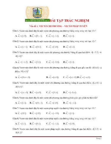 Bài tập Toán 10 - Ôn tập: Phương trình đường thẳng