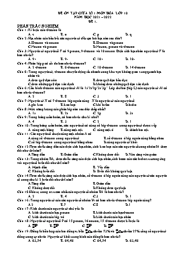 Bộ 3 đề ôn tập giữa kì 1 môn Hóa học 10 - Năm học 2021-2022 (Có đáp án)