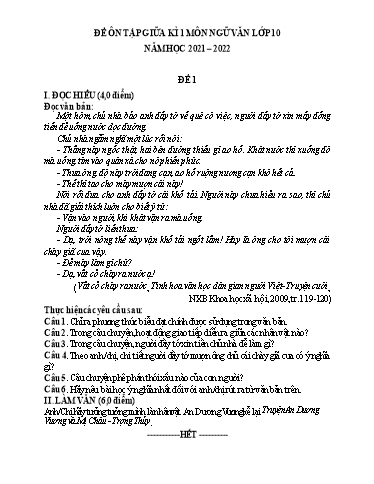 Bộ 3 đề ôn tập giữa kì 1 môn Ngữ văn 10 - Năm học 2021-2022 (Có đáp án)