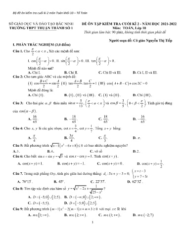 Bộ đề ôn tập kiểm tra cuối kì 2 môn Toán 10 - Trường THPT Gia Bình số 1 2021-2022