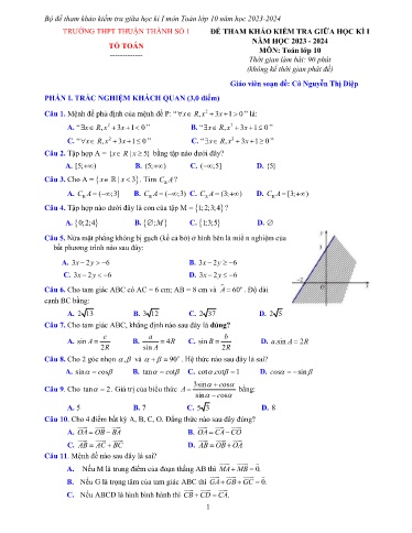 Bộ đề tham khảo kiểm tra giữa kì 1 môn Toán 10 - Trường THPT Thuận Thành số 1 2023-2024 (Có đáp án)