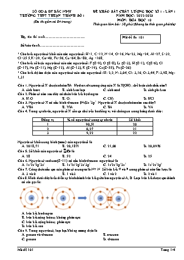Đề khảo sát chất lượng học kì 1 (Lần 1) môn Hóa học 10 - Trường THPT Thuận Thành số 1 2022-2023 (Có đáp án)