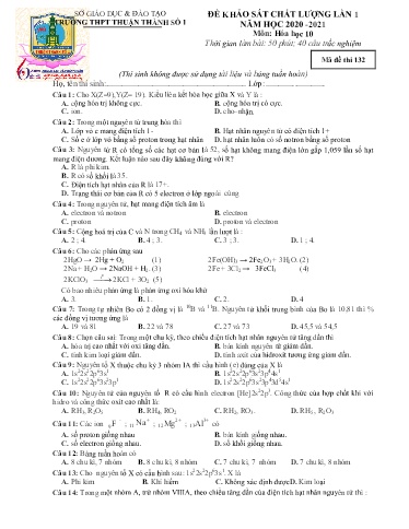 Đề khảo sát chất lượng (Lần 1) môn Hóa học 10 - Trường THPT Thuận Thành số 1 2020-2021