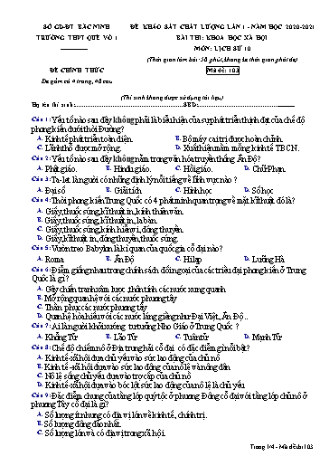 Đề khảo sát chất lượng (Lần 1) môn Lịch sử 10 - Trường THPT Quế Võ số 1 2020-2021 (Có đáp án)