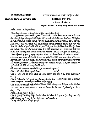 Đề khảo sát chất lượng (Lần 1) môn Ngữ văn 10 - Trường THPT Lý Thường Kiệt 2020-2021 (Có đáp án)