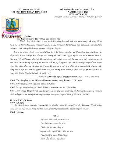 Đề khảo sát chất lượng (Lần 1) môn Ngữ văn 10 - Trường THPT Thuận Thành số 1 2020-2021