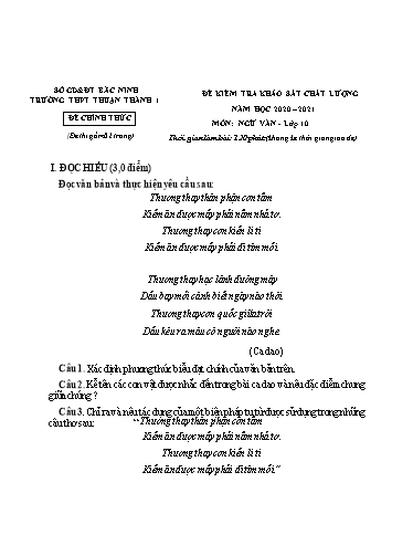 Đề khảo sát chất lượng (Lần 1) môn Ngữ văn 10 - Trường THPT Thuận Thành số 1 2020-2021 (Có đáp án)