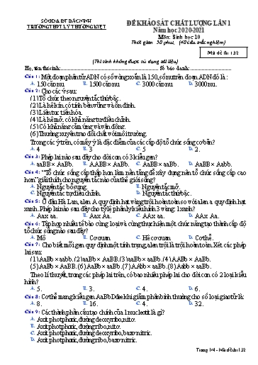 Đề khảo sát chất lượng (Lần 1) môn Sinh học 10 - Trường THPT Lý Thường Kiệt 2020-2021 (Có đáp án)