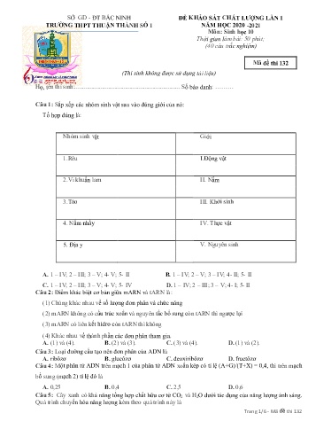 Đề khảo sát chất lượng (Lần 1) môn Sinh học 10 - Trường THPT Thuận Thành số 1 2020-2021