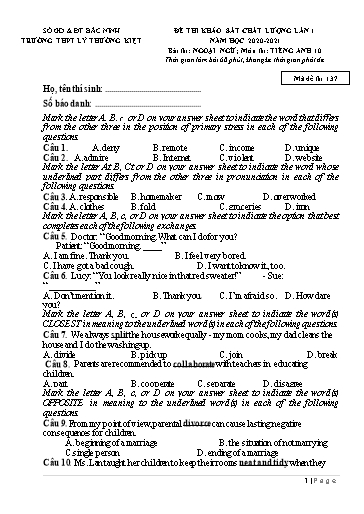 Đề khảo sát chất lượng (Lần 1) môn Tiếng Anh 10 - Trường THPT Lý Thường Kiệt 2020-2021 (Có đáp án)