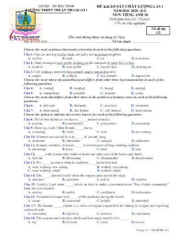 Đề khảo sát chất lượng (Lần 1) môn Tiếng Anh 10 - Trường THPT Thuận Thành số 1 2020-2021 (Có đáp án)