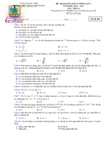 Đề khảo sát chất lượng (Lần 1) môn Vật lí 10 - Trường THPT Thuận Thành số 1 2020-2021