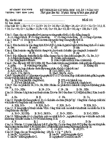 Đề khảo sát chất lượng (Lần 2) môn Hóa học 10 - Trường THPT Hàm Long 2021-2022 (Có đáp án)
