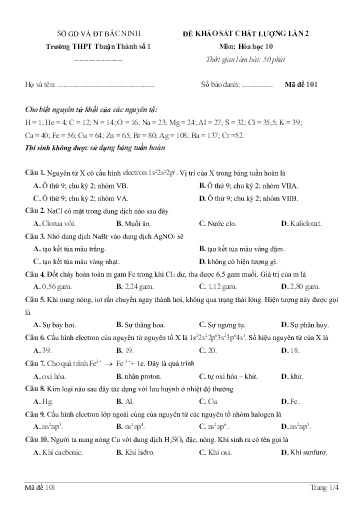 Đề khảo sát chất lượng (Lần 2) môn Hóa học 10 - Trường THPT Thuận Thành số 1 2021-2022 (Có đáp án)