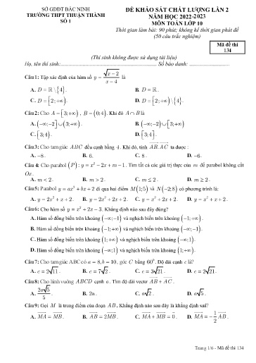 Đề khảo sát chất lượng (Lần 2) môn Toán 10 - Trường THPT Thuận Thành số 1 2022-2023 (Có đáp án)
