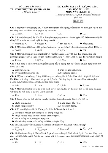Đề khảo sát chất lượng (Lần 2) môn Vật lí 10 - Trường THPT Thuận Thành số 1 2022-2023 (Có đáp án)