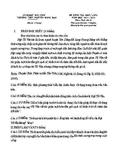 Đề khảo sát chất lượng (Lần 3) môn Ngữ văn 10 - Trường THPT Nguyễn Đăng Đạo 2021-2022 (Có đáp án)