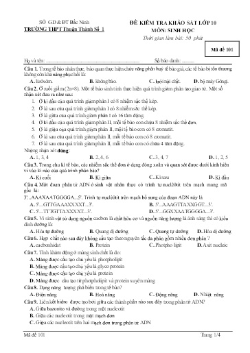 Đề khảo sát chất lượng môn Sinh học 10 - Trường THPT Thuận Thành số 1 2021-2022 (Có đáp án)