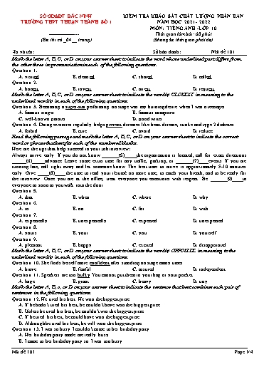 Đề khảo sát chất lượng phân ban môn Tiếng Anh 10 - Trường THPT Thuận Thành số 1 2021-2022 (Có đáp án)
