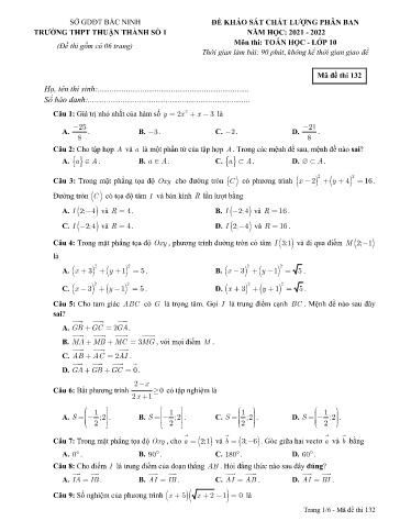 Đề khảo sát chất lượng phân ban môn Toán 10 - Trường THPT Thuận Thành số 1 2021-2022 (Có đáp án)