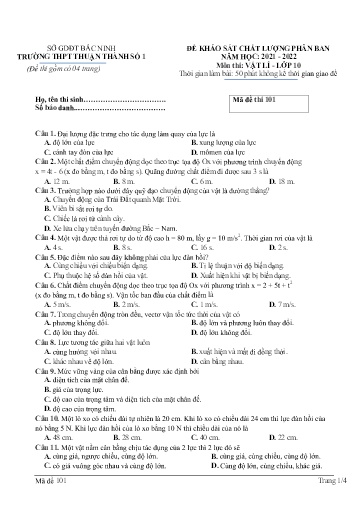 Đề khảo sát chất lượng phân ban môn Vật lí 10 - Trường THPT Thuận Thành số 1 2021-2022 (Có đáp án)