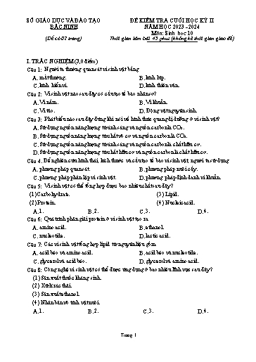 Đề kiểm tra cuối học kì 2 môn Sinh học 10 - Sở GD&ĐT Bắc Ninh 2023-2024 (Có đáp án)