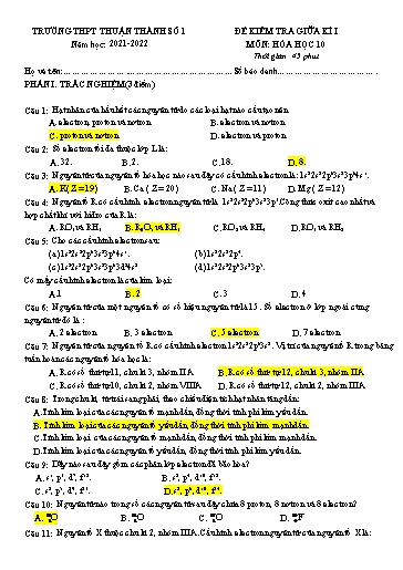 Đề kiểm tra giữa học kì 1 môn Hóa học 10 - Trường THPT Thuận Thành số 1 2021-2022 (Có đáp án)