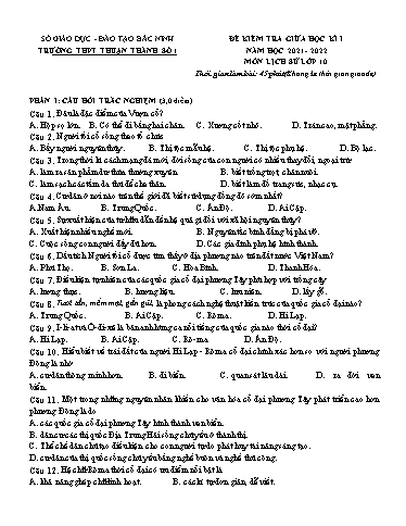Đề kiểm tra giữa học kì 1 môn Lịch sử 10 - Trường THPT Thuận Thành số 1 2021-2022 (Có đáp án)