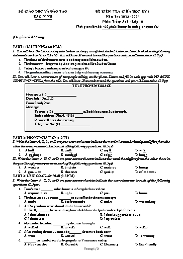 Đề kiểm tra giữa học kì 1 môn Tiếng Anh 10 - Sở GD&ĐT Bắc Ninh 2023-2024 (Có đáp án)
