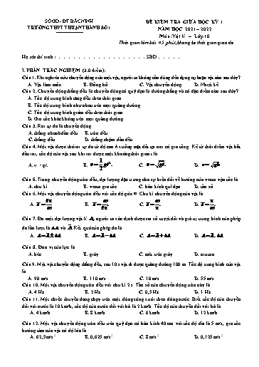 Đề kiểm tra giữa học kì 1 môn Vật lí 10 - Trường THPT Thuận Thành số 1 2021-2022 (Có đáp án)