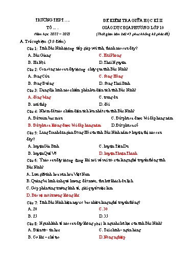 Đề kiểm tra giữa học kì 2 môn Giáo dục địa phương 10 (tỉnh Bắc Ninh) - Năm học 2022-2023 (Có đáp án)