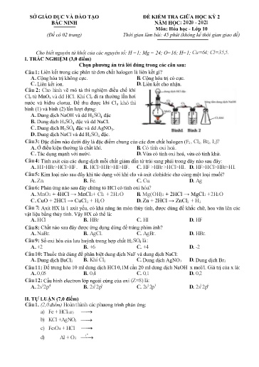 Đề kiểm tra giữa học kì 2 môn Hóa học 10 - Sở GD&ĐT Bắc Ninh 2020-2021 (Có đáp án)