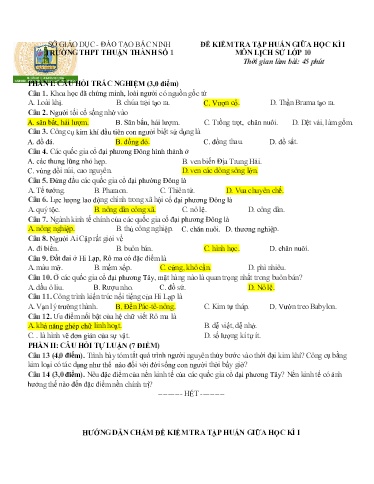 Đề kiểm tra tập huấn giữa kì 1 môn Lịch sử 10 - Trường THPT Thuận Thành số 1 (Có đáp án)