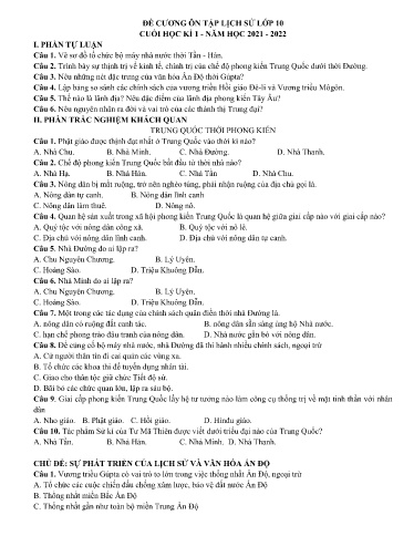 Đề minh họa kiểm tra cuối kì 1 môn Lịch sử 10 - Trường THPT Thuận Thành số 1 2021-2022