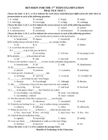 Đề minh họa kiểm tra cuối kì 1 môn Tiếng Anh 10 - Trường THPT Thuận Thành số 1 2021-2022