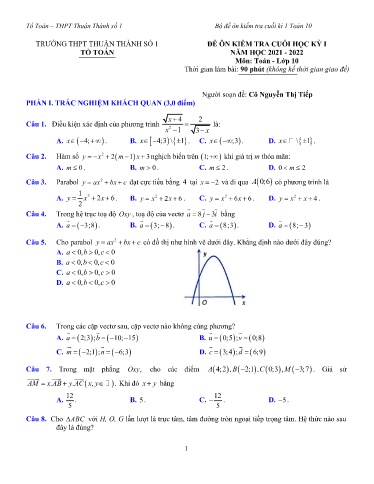 Đề minh họa kiểm tra cuối kì 1 môn Toán 10 - Trường THPT Thuận Thành số 1 2021-2022