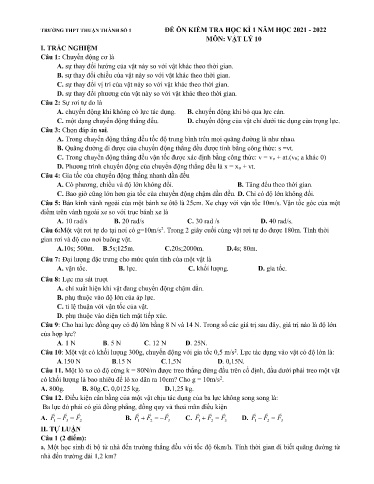 Đề minh họa kiểm tra cuối kì 1 môn Vật lí 10 - Trường THPT Thuận Thành số 1 2021-2022