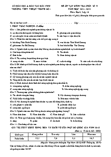 Đề minh họa kiểm tra cuối kì 2 môn Địa lí 10 - Trường THPT Thuận Thành số 1 2021-2022 (Có đáp án)