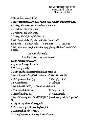 Đề minh họa kiểm tra cuối kì 2 môn Lịch sử 10 - Trường THPT Thuận Thành số 1 2021-2022 (Có đáp án)