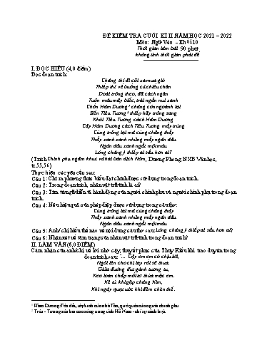 Đề minh họa kiểm tra cuối kì 2 môn Ngữ văn 10 - Trường THPT Thuận Thành số 1 2021-2022 (Có đáp án)