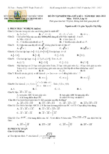 Đề minh họa kiểm tra giữa kì 1 môn Toán 10 - Trường THPT Thuận Thành số 1 2021-2022