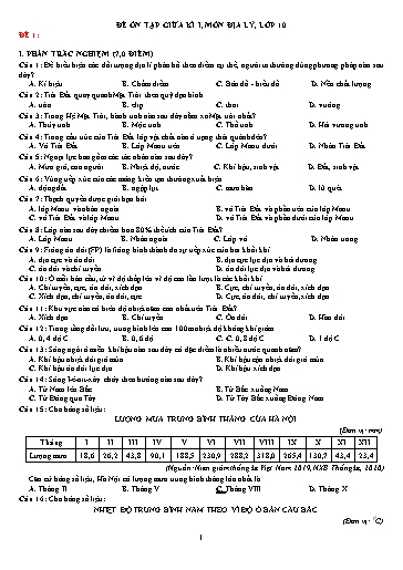 Đề ôn tập giữa kì 1 môn Địa lí 10 - Năm học 2021-2022 (Có đáp án)