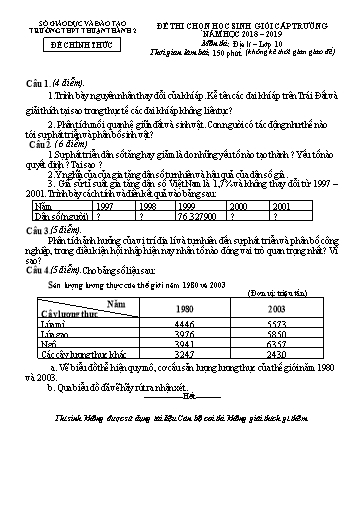 Đề thi chọn HSG cấp trường môn Địa lí 10 - Trường THPT Thuận Thành số 2 2018-2019 (Có đáp án)
