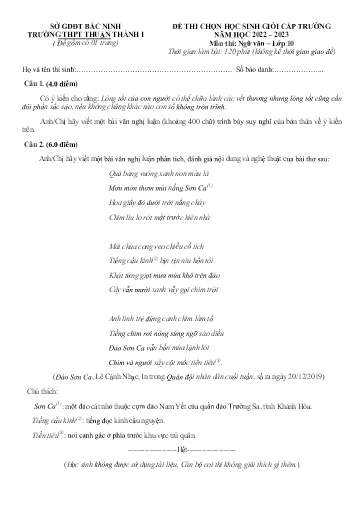 Đề thi chọn HSG cấp trường môn Ngữ văn 10 - Trường THPT Thuận Thành số 1 2022-2023 (Có đáp án)