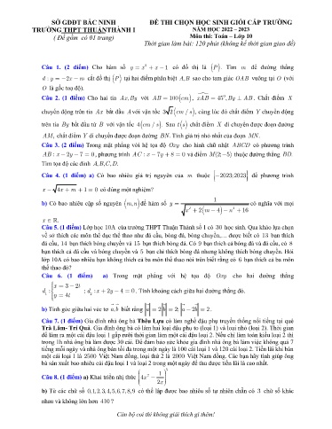 Đề thi chọn HSG cấp trường môn Toán 10 - Trường THPT Thuận Thành số 1 2022-2023 (Có đáp án)