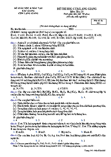 Đề thi chọn HSG môn Hóa học 10 cụm Lạng Giang - Sở GD&ĐT Bắc Giang 2018-2019 (Có đáp án)